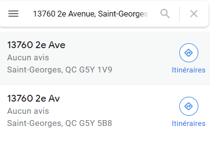 Exemple de deux adresses identiques "13760 2e ave Saint George", mais avec des codes postaux différents