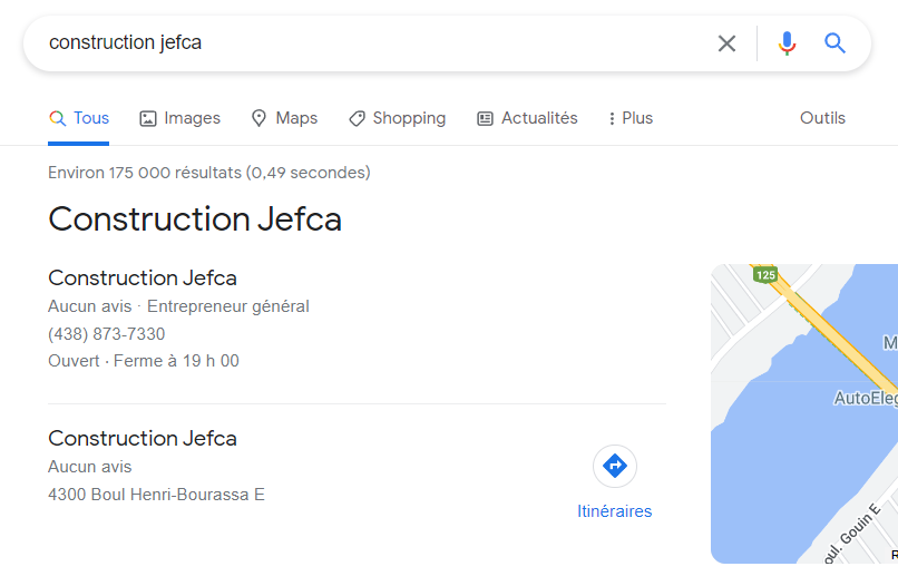 Un recherche pour «construction Jefca» montre deux profil, l'un sans adresse, l'autre avec une adresse