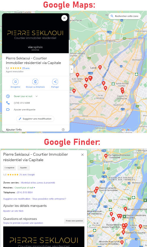 Affichage d'une zone de service dans Google Finder et Google Maps.