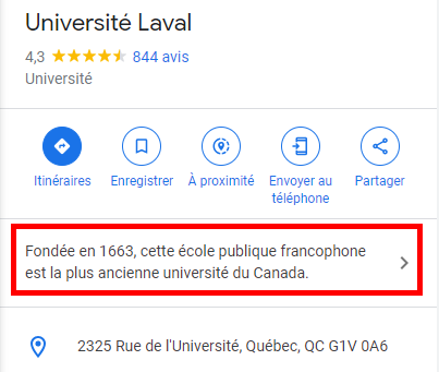 Le profil de l'université Laval avec une description: 'Fondée en 1663, cette école publique francophones est la plus ancienne université du Canada'.