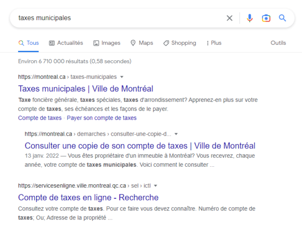 Résultats de recherche pour 'taxes municipales'. ils concernent tous Montréal.