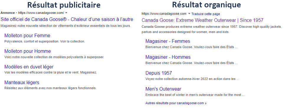 Comparaison d'un résultat publicitaire et d'un résultat organiques avec sitelinks pour Canada Goose.