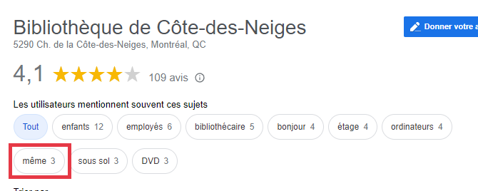 Les thèmes pour le profil de la Bibliothèque de Côte-des-Neiges. L'un d'entre eux est 'même'.