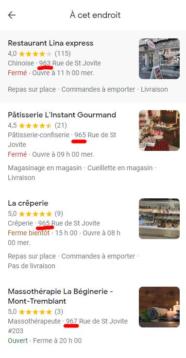 Un annuaire »à cet endroit» dans Google Maps. Il regroupe des commerces au 963, 965 et 967 Rue de Saint-Jovite, à Saint-Jérômeé
